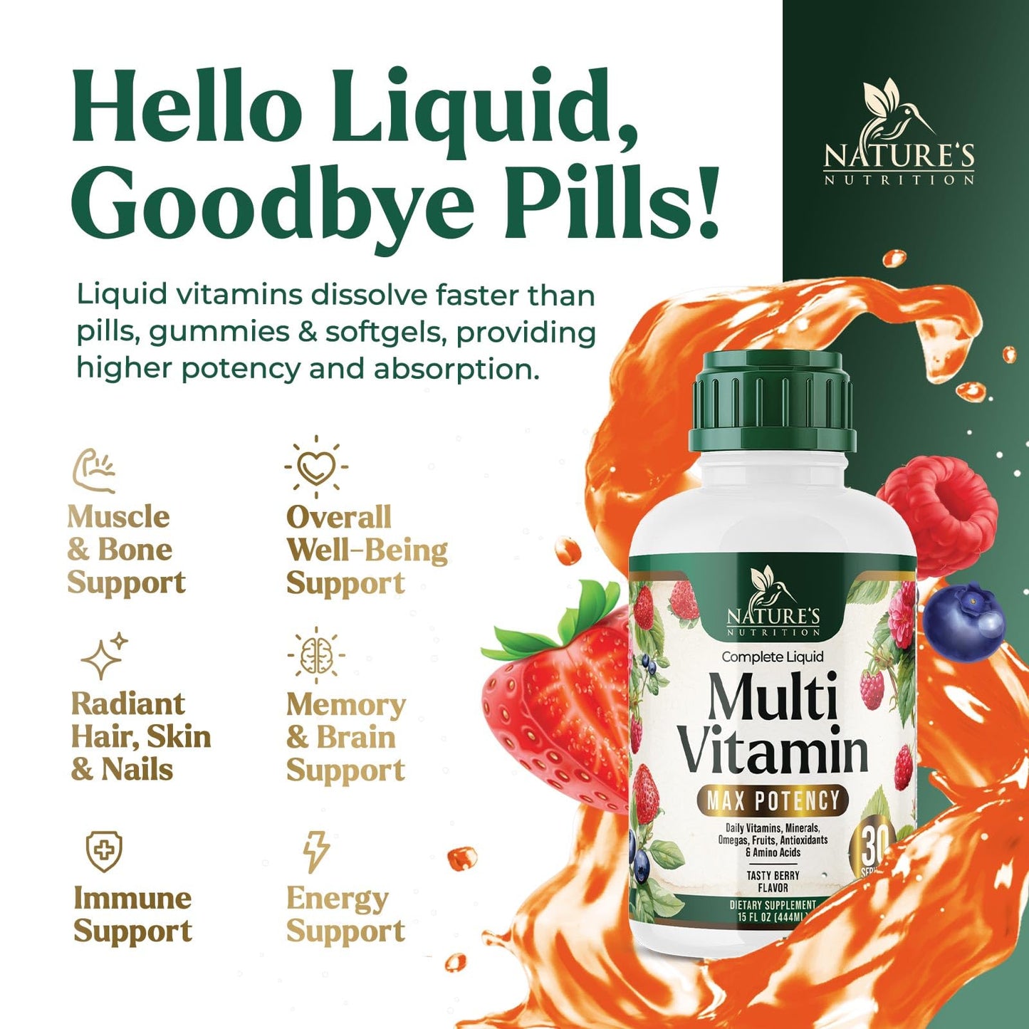 Liquid Multivitamin Berry Flavor - Sugar Free Daily Vitamin for Women, Men & Kids | Vegan, Non-GMO, 15 oz