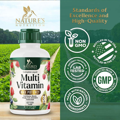 Liquid Multivitamin Berry Flavor - Sugar Free Daily Vitamin for Women, Men & Kids | Vegan, Non-GMO, 15 oz