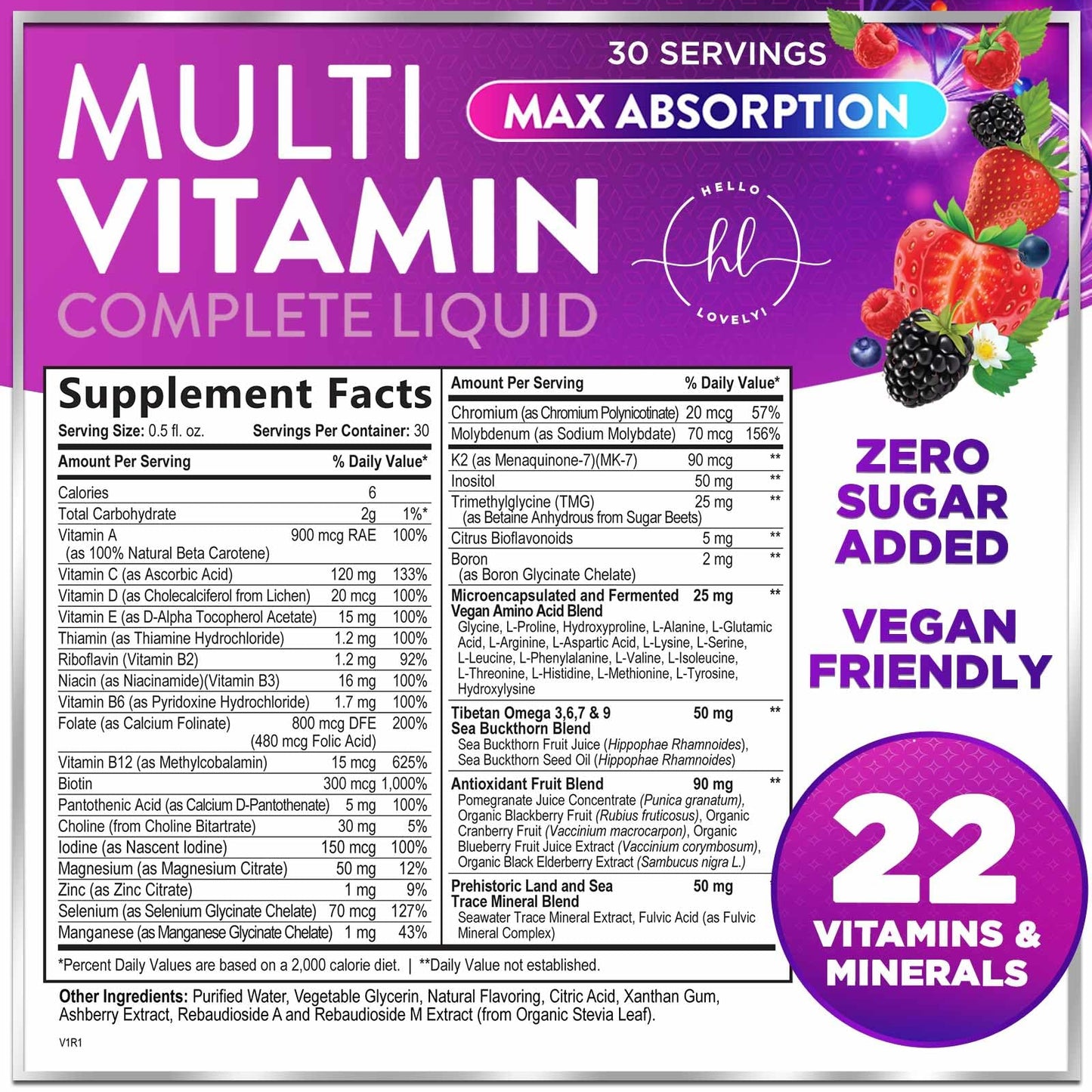 Liquid Multivitamin Sugar Free Berry 15 oz – Vegan, Non-GMO Daily Multivitamin