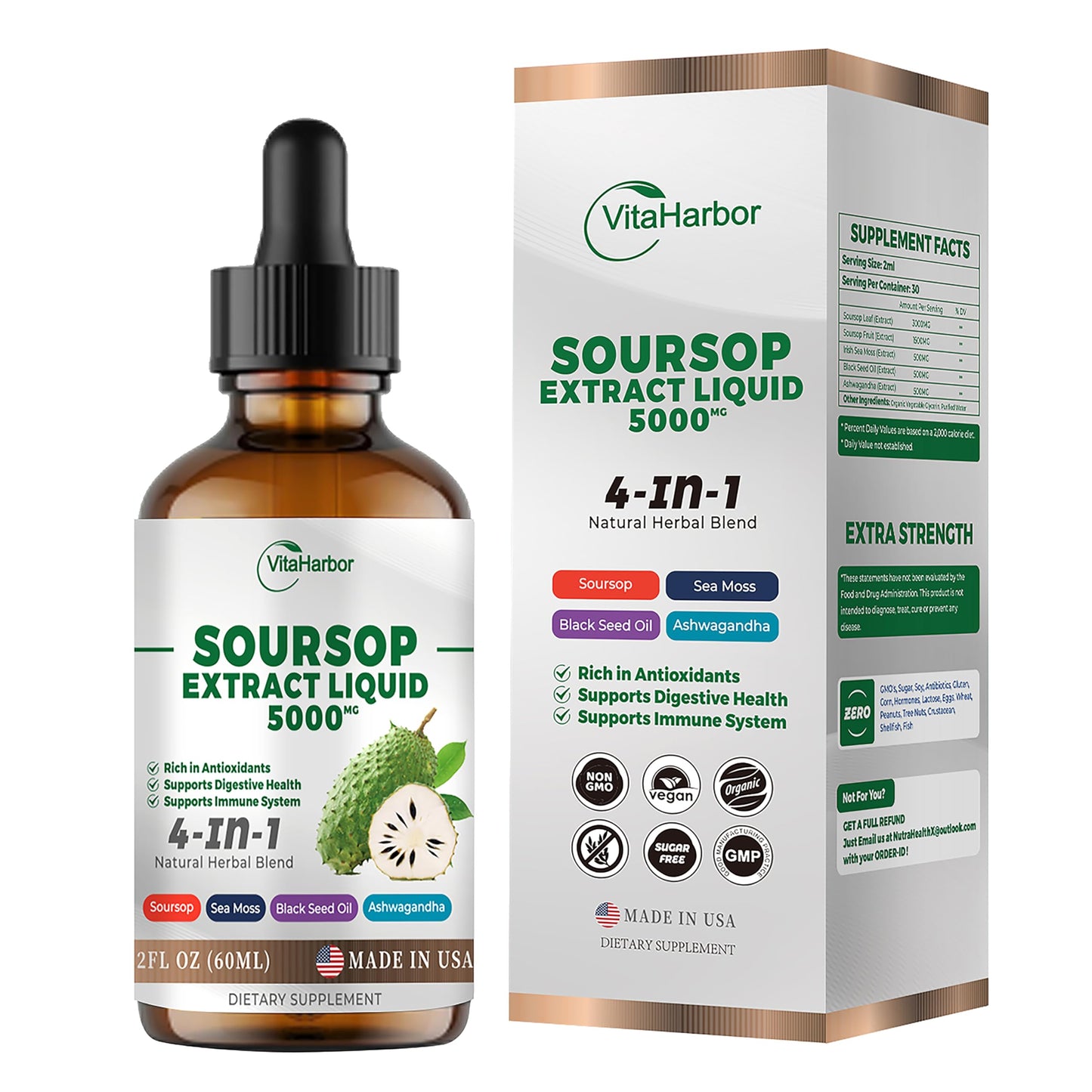4-in-1 Soursop Bitters Liquid – Sea Moss, Black Seed Oil & Ashwagandha for Immune & Digestive Support (2 oz) | Sugar-Free, Non-GMO, Vegan