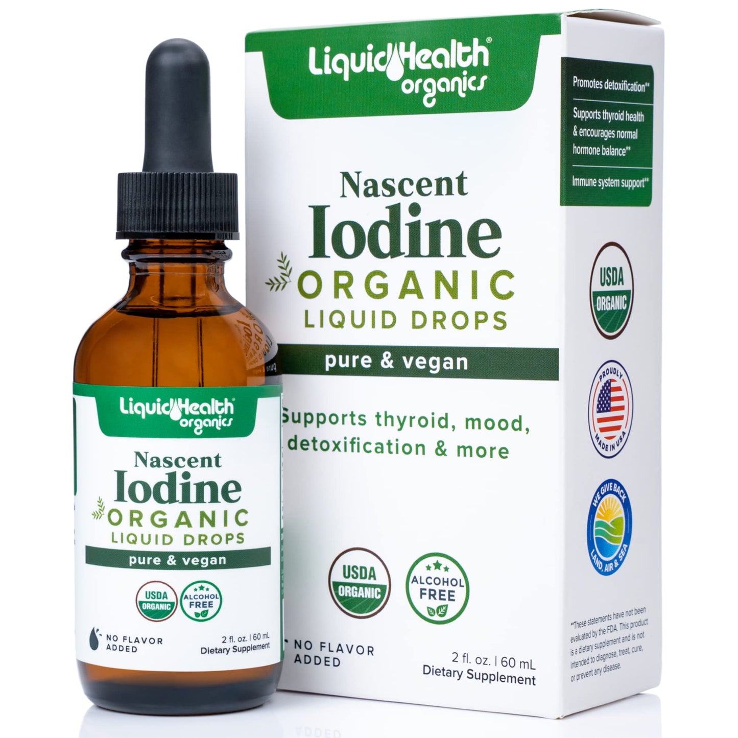 LIQUIDHEALTH Nascent Iodine Drops – USDA Organic, Colorless & Tasteless, Made in USA (2 oz) – Thyroid & Immunity Support, Vegan