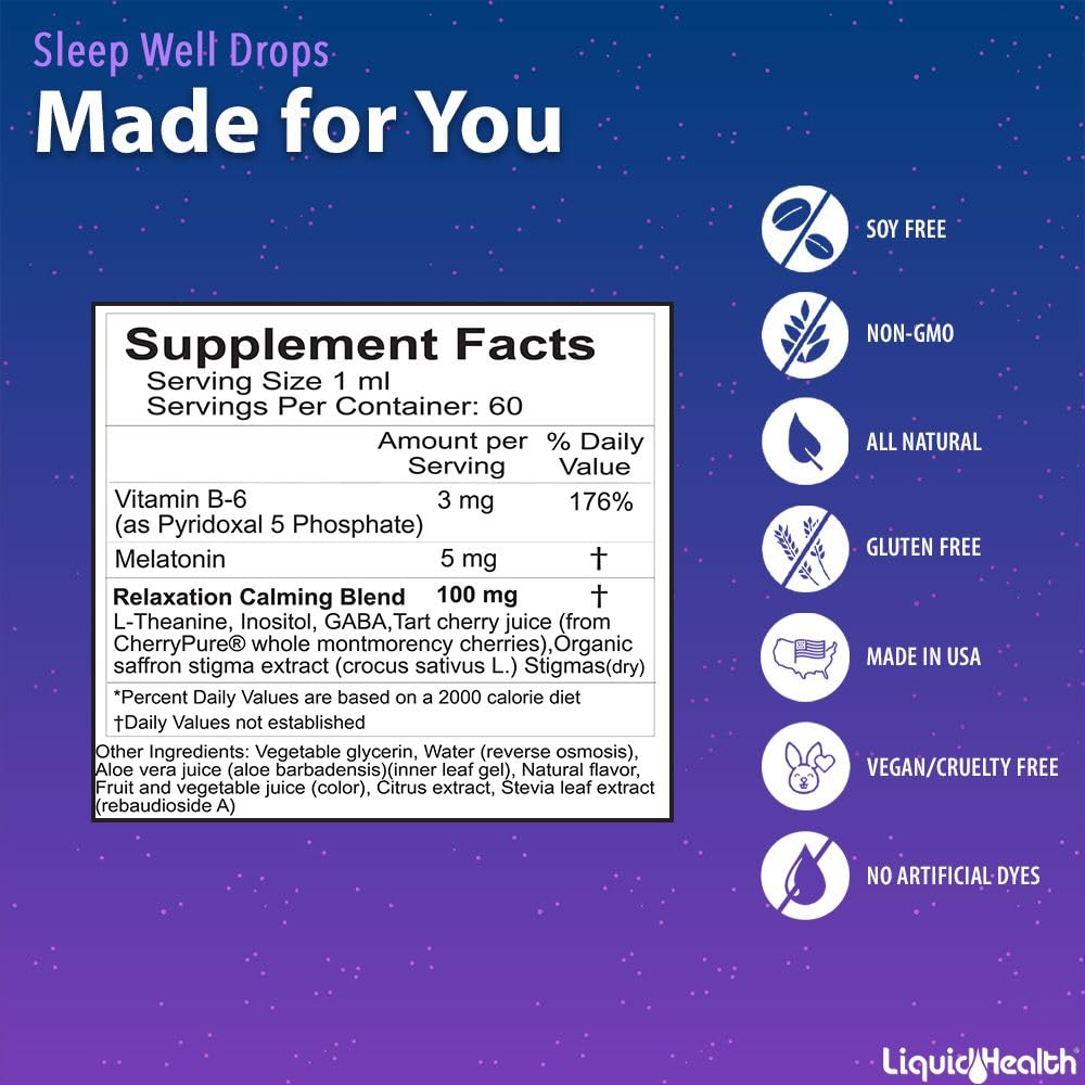LIQUIDHEALTH Sleep Well Drops – Natural Melatonin Sleep Aid, USA Made