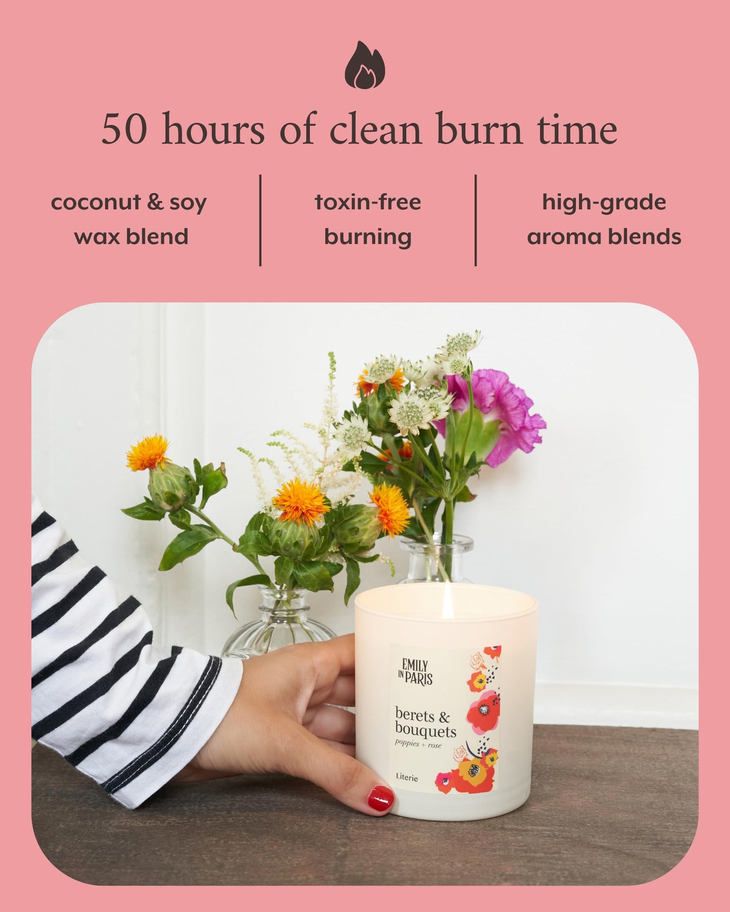 Literie Emily in Paris Inspired Candle: Berets & Bouquets — Poppies & Rose, 9oz, 50-Hour Burn