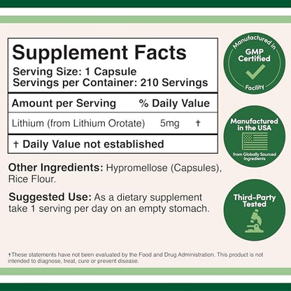 Lithium Orotate 5 mg – 210 Capsules for Cognition & Brain Health | Double Wood Supplements