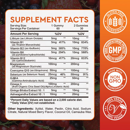 Lithium Orotate Gummies 5mg with Vitamin B, Magnesium & Selenium – Mood Support & Brain Health (60 Gummies) | Vegan, Non-GMO, Gluten-Free