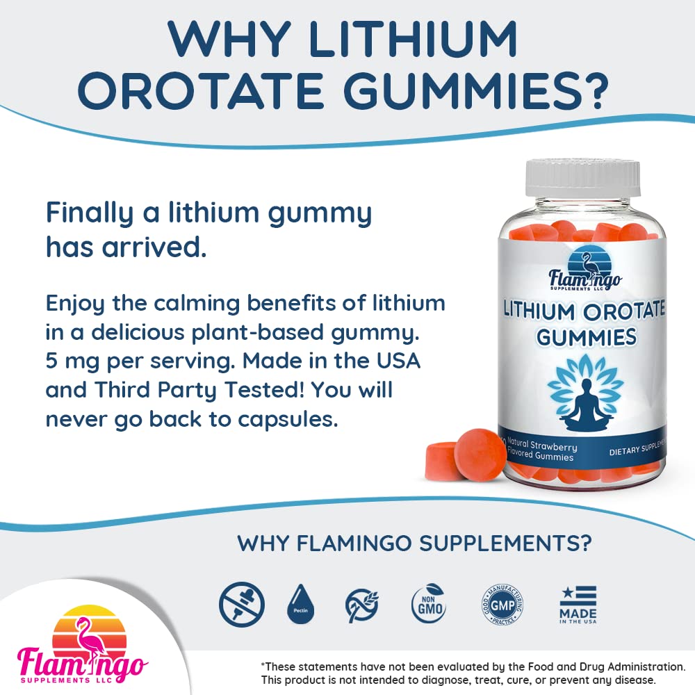 Lithium Orotate Gummies 5mg per Serving - Plant-Based, Third-Party Tested, Strawberry Flavor, 60 Count