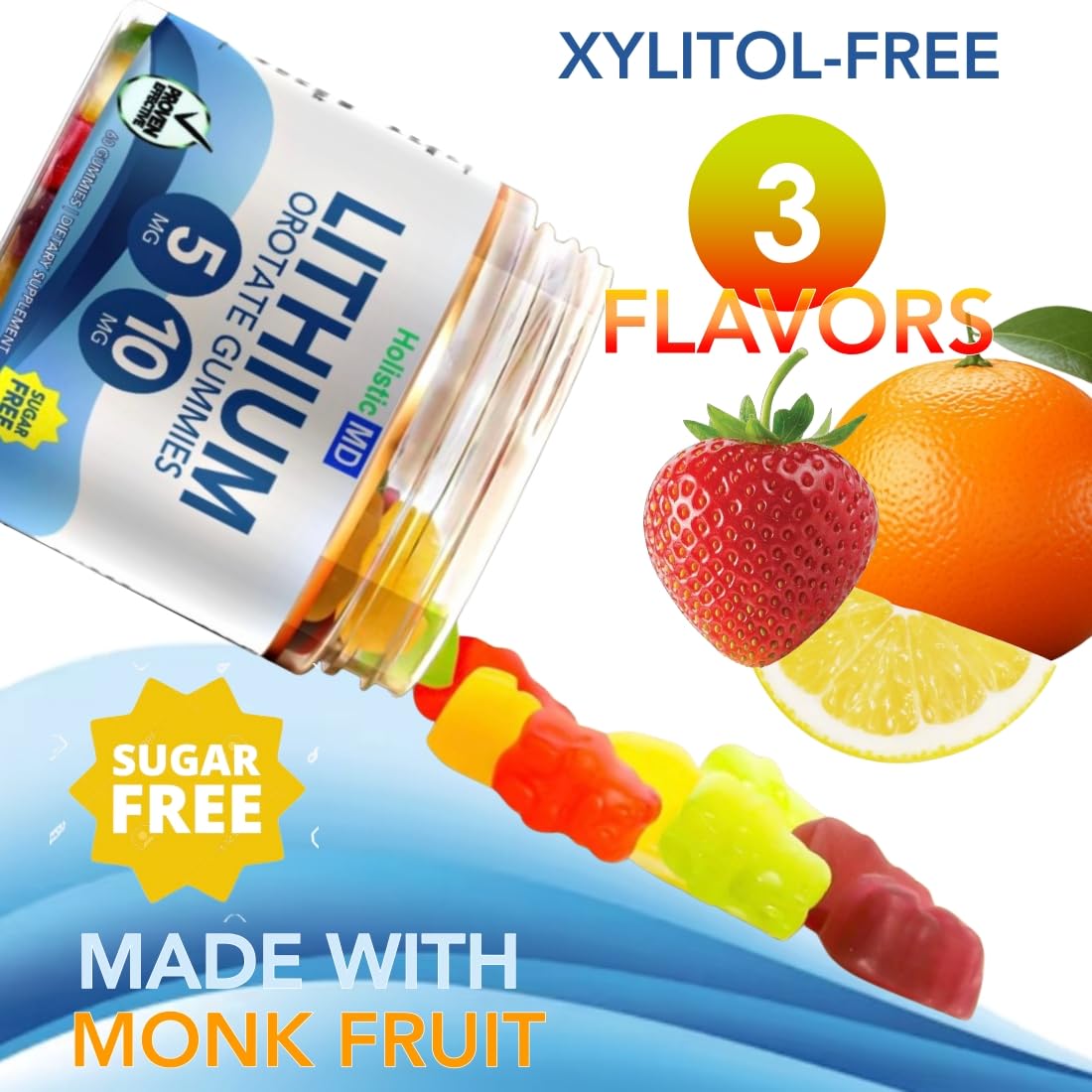 Lithium Orotate 5mg Gummies 60 Ct - Vegan Sugar Free | 3 Flavors | HolisticMd