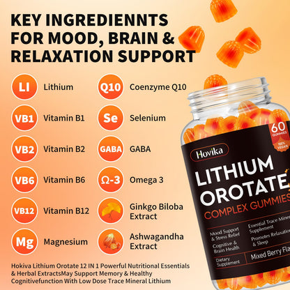 Lithium Orotate Gummies 5mg with Vitamin B, Magnesium & Selenium – Mood Support & Brain Health (60 Gummies) | Vegan, Non-GMO, Gluten-Free