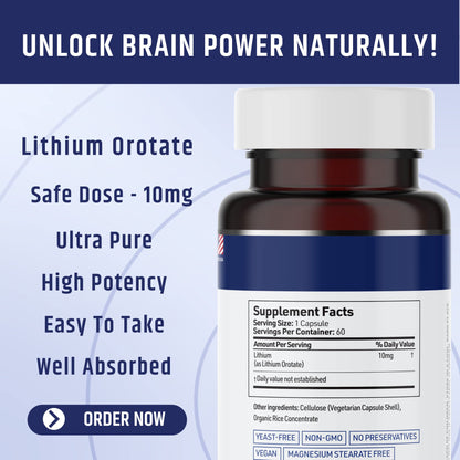 Lithium Orotate 10mg - 60 Veg Capsules | Mood & Memory | Magnesium Stearate Free