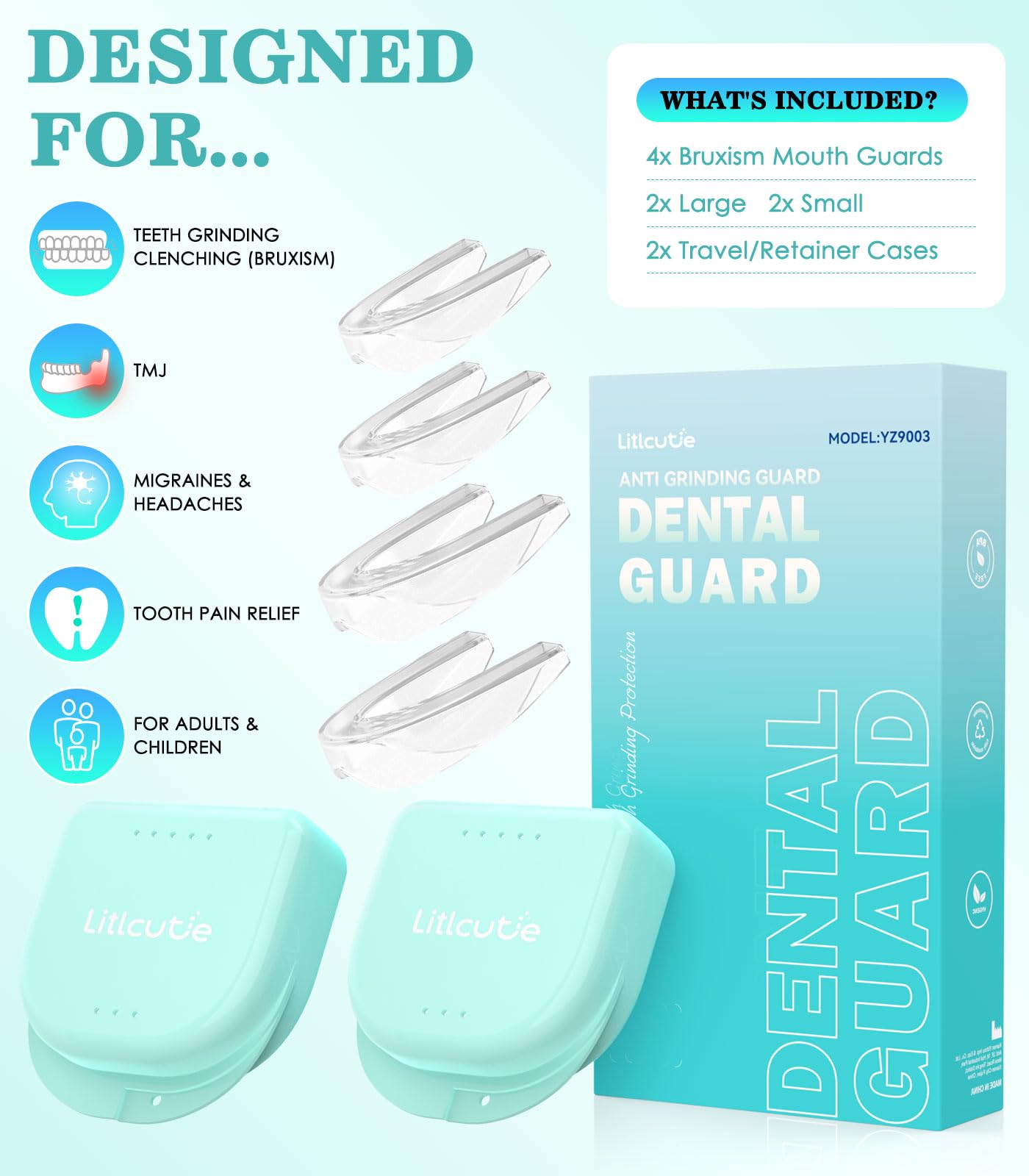 Litlcutie Night Mouth Guard for Teeth Grinding – 4 Pcs, 2 Sizes, Clear