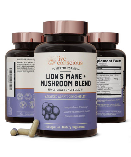 Live Conscious Lions Mane Mushroom Supplement Capsules for Brain Support - Lion's Mane, Cordyceps, Reishi & Turkey Tail