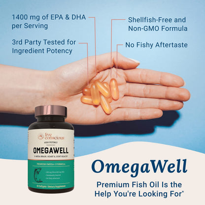 Live Conscious OmegaWell Omega-3 2000mg Fish Oil - EPA 800mg, DHA 600mg