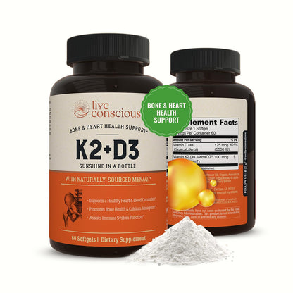 Live Conscious Vitamin K2 MK7 with D3 5000 IU - Bone & Heart Health Support | 60 Softgels