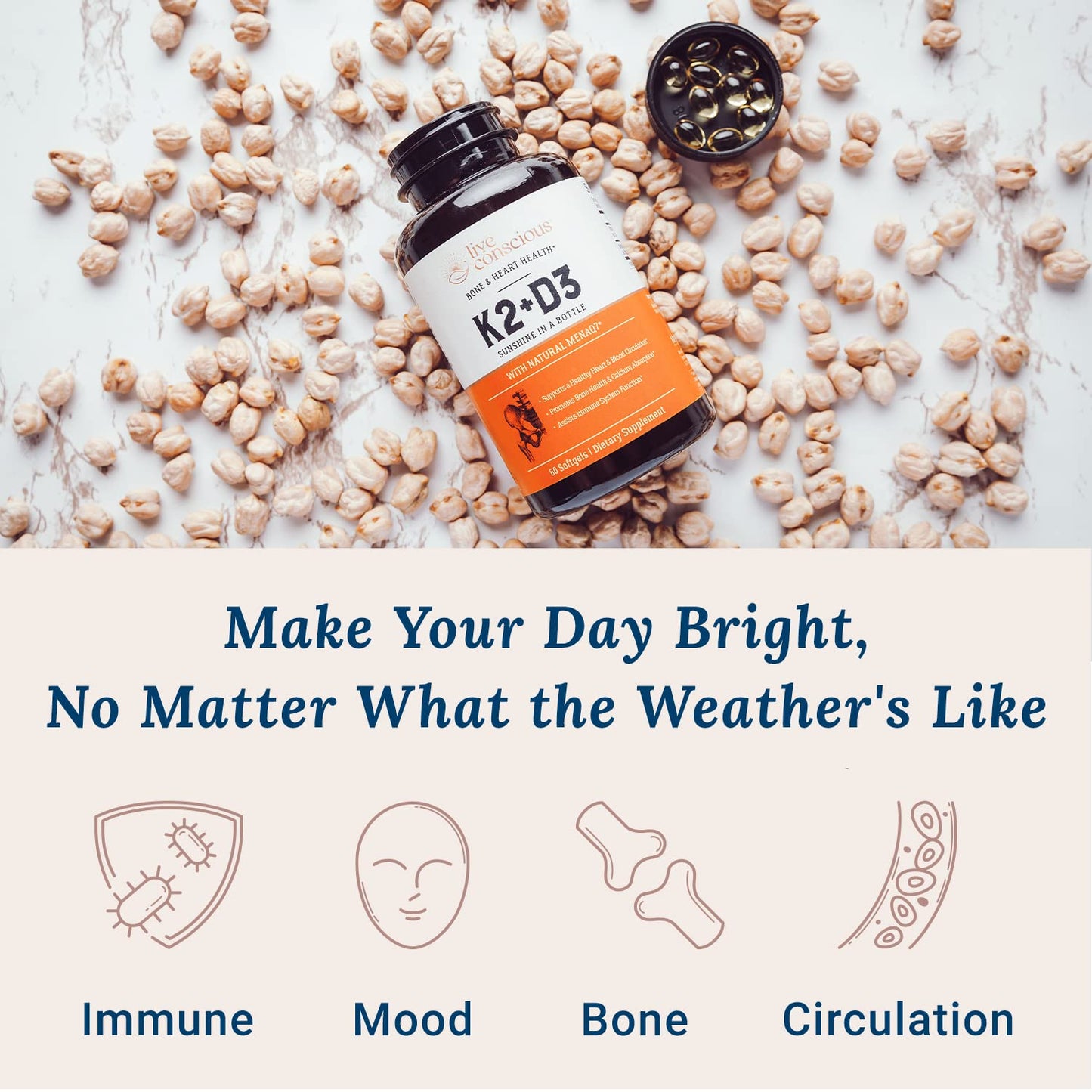 Live Conscious Vitamin K2 MK7 with D3 5000 IU - Bone & Heart Health Support | 60 Softgels