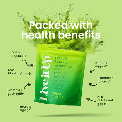 Live It Up Super Greens Powder | Berry Flavor with Probiotics & Digestive Enzymes – All-Natural Plant-Based Superfood, 30 Servings