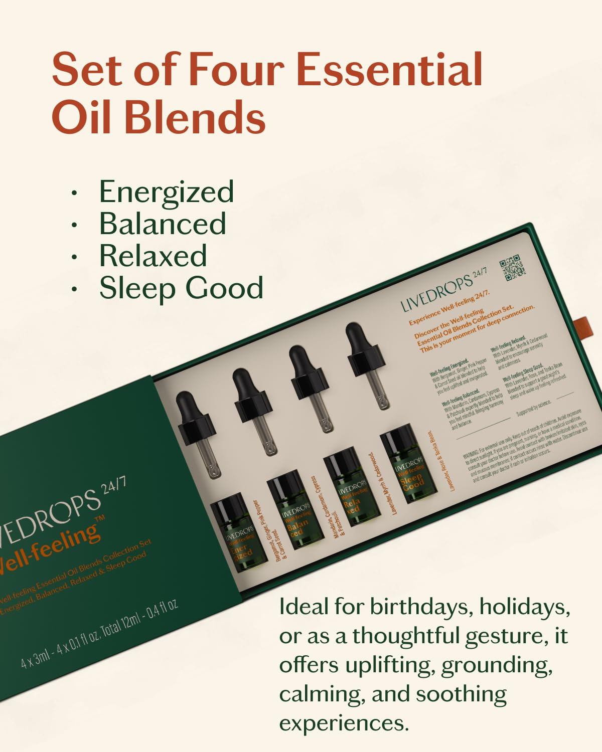 LIVEDROPS 24/7 Essential Oil Gift Set – 4 Mini Blends for Energy, Sleep & Relax
