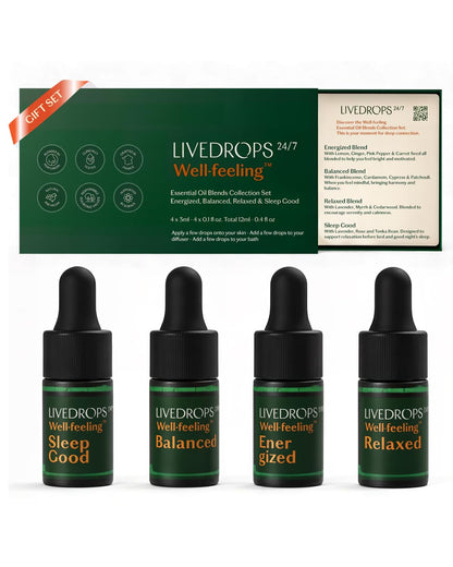 LIVEDROPS 24/7 Essential Oil Gift Set – 4 Mini Blends for Energy, Sleep & Relax