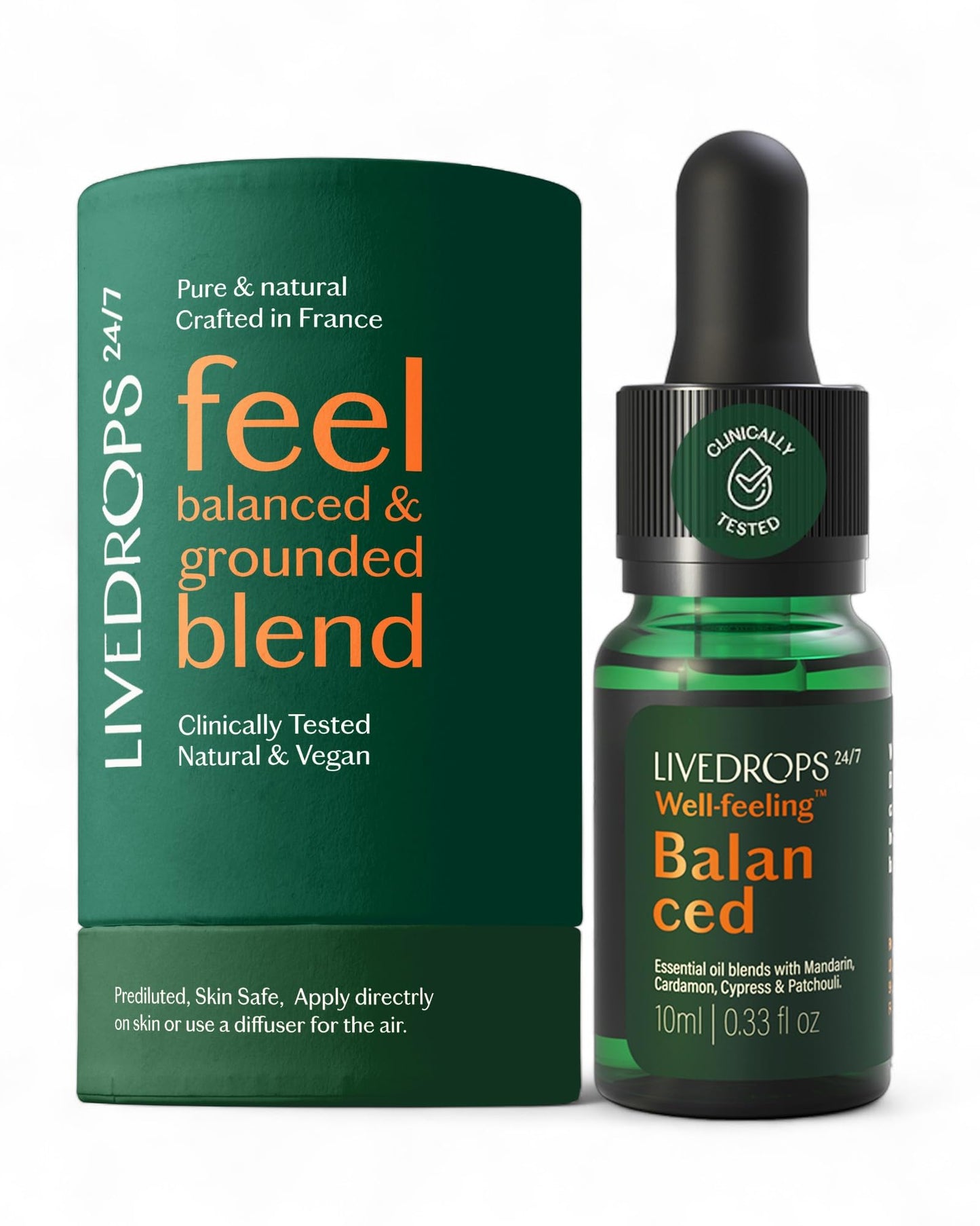 LIVEDROPS Balanced Essential Oil Blend Mandarin, Cardamom, Cypress & Patchouli | Calm, Harmony & Grounding | 10ml