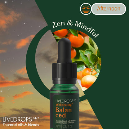 LIVEDROPS Balanced Essential Oil Blend Mandarin, Cardamom, Cypress & Patchouli | Calm, Harmony & Grounding | 10ml