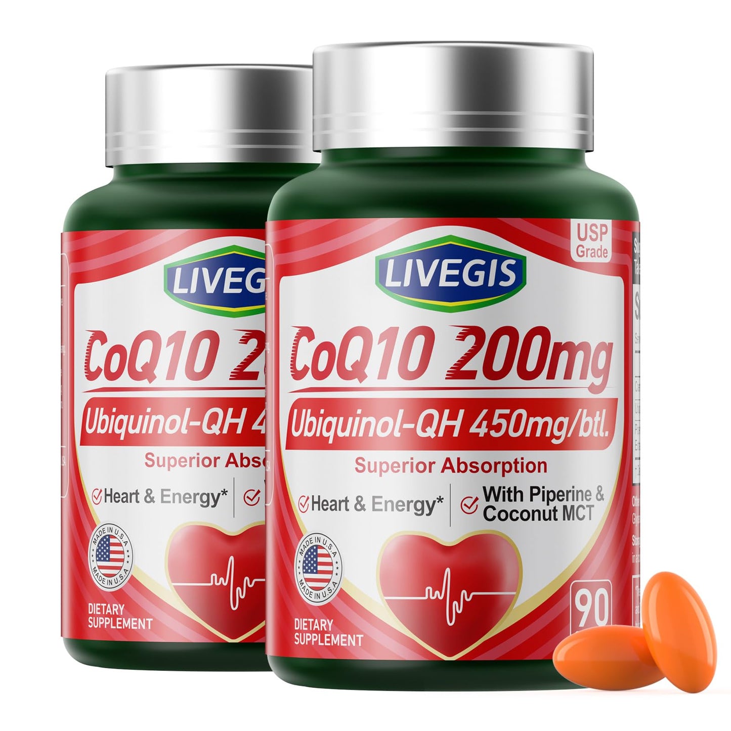 LIVEGIS CoQ10 200mg Softgels – Ubiquinone + MCT Oil, 2x90ct