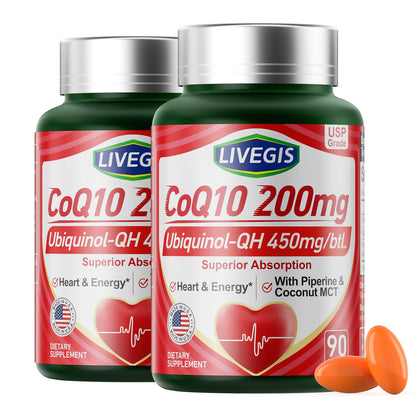 LIVEGIS CoQ10 200mg Softgels – Ubiquinone + MCT Oil, 2x90ct