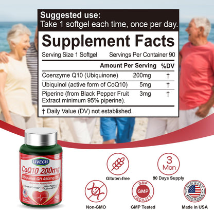 LIVEGIS CoQ10 200mg Softgels – Ubiquinone + MCT Oil, 2x90ct