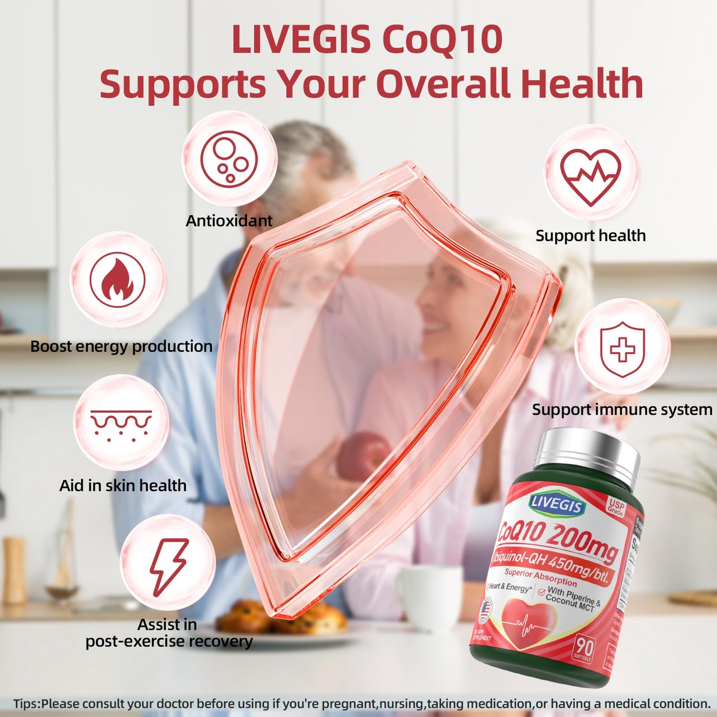 LIVEGIS CoQ10 200mg Softgels (90 Count) - Ubiquinone with MCT Oil for Heart Health & Energy