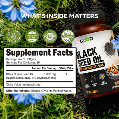 LIVEGOOD Black Seed Oil Capsules | Cold-Pressed Nigella Sativa for Immune & Heart Support (60 Count)