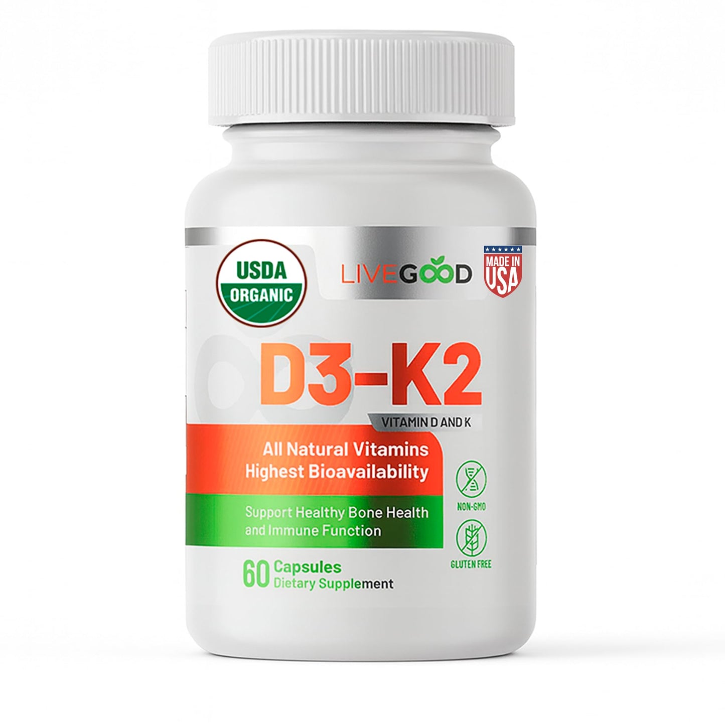 LIVEGOOD Vitamin D3 + K2 – All Natural Bone, Muscle & Immune Support (60 Capsules) - Vegan & Non-GMO