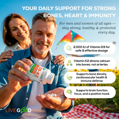LIVEGOOD Vitamin D3 + K2 – All Natural Bone, Muscle & Immune Support (60 Capsules) - Vegan & Non-GMO