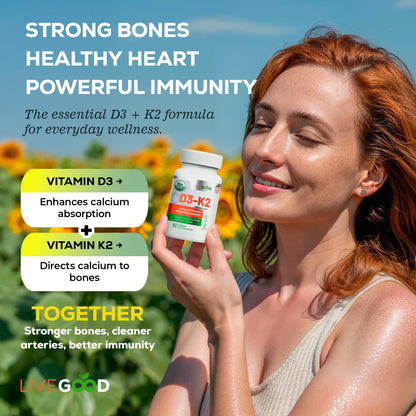 LIVEGOOD Vitamin D3 + K2 – All Natural Bone, Muscle & Immune Support (60 Capsules) - Vegan & Non-GMO