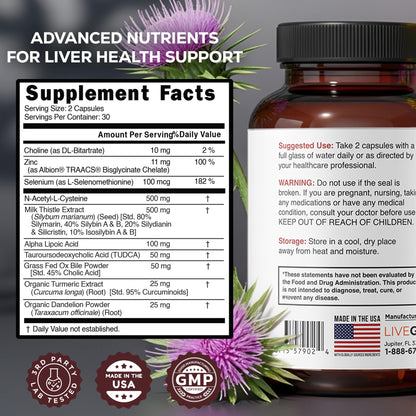 LiveGood Liver Support - Detox with Milk Thistle, Dandelion Root, Turmeric, NAC & TUDCA | 60 Count