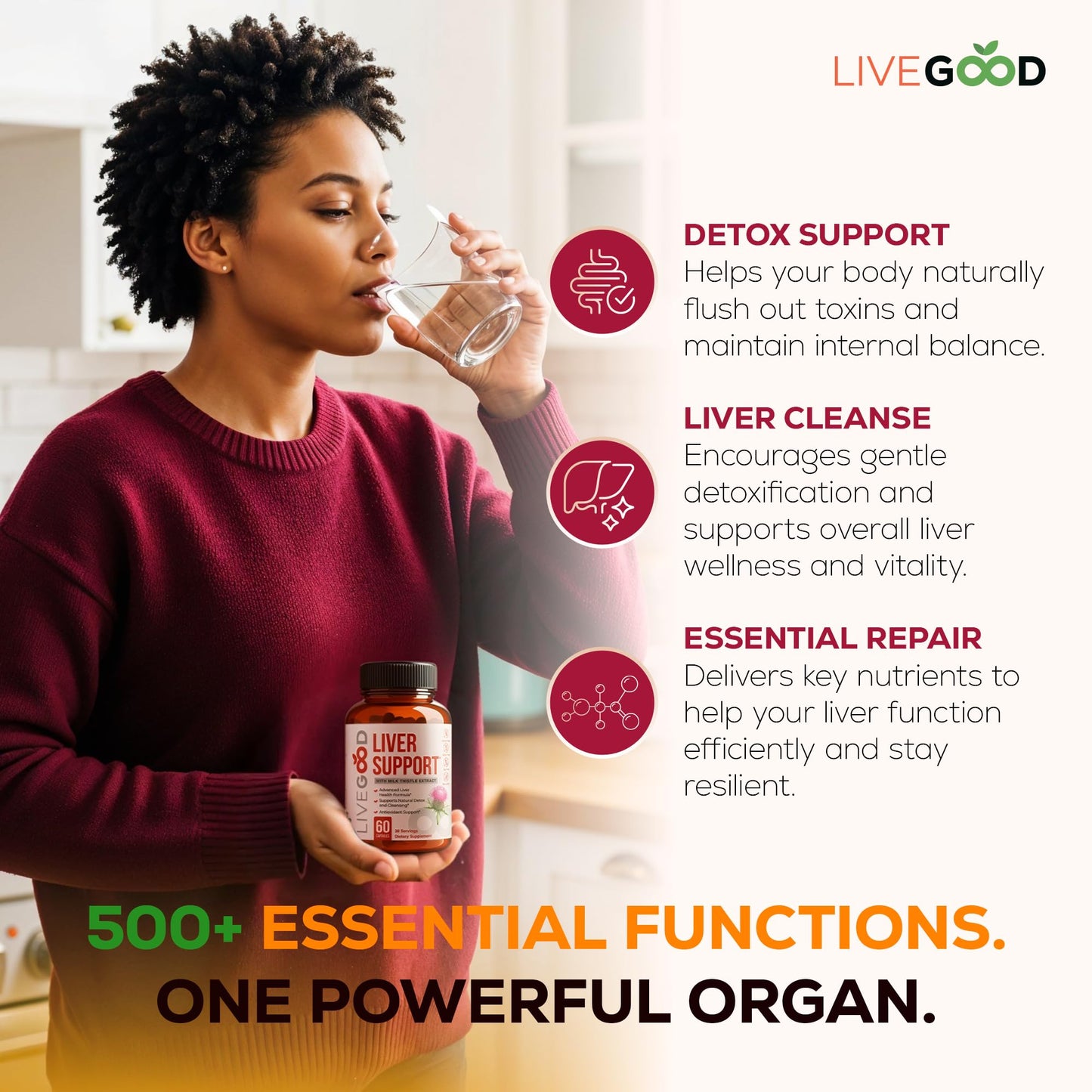 LiveGood Liver Support - Detox with Milk Thistle, Dandelion Root, Turmeric, NAC & TUDCA | 60 Count