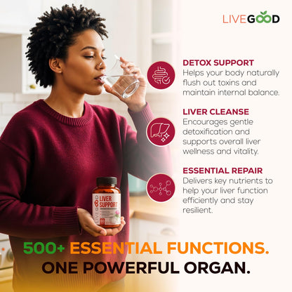 LiveGood Liver Support - Detox with Milk Thistle, Dandelion Root, Turmeric, NAC & TUDCA | 60 Count