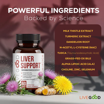 LiveGood Liver Support - Detox with Milk Thistle, Dandelion Root, Turmeric, NAC & TUDCA | 60 Count