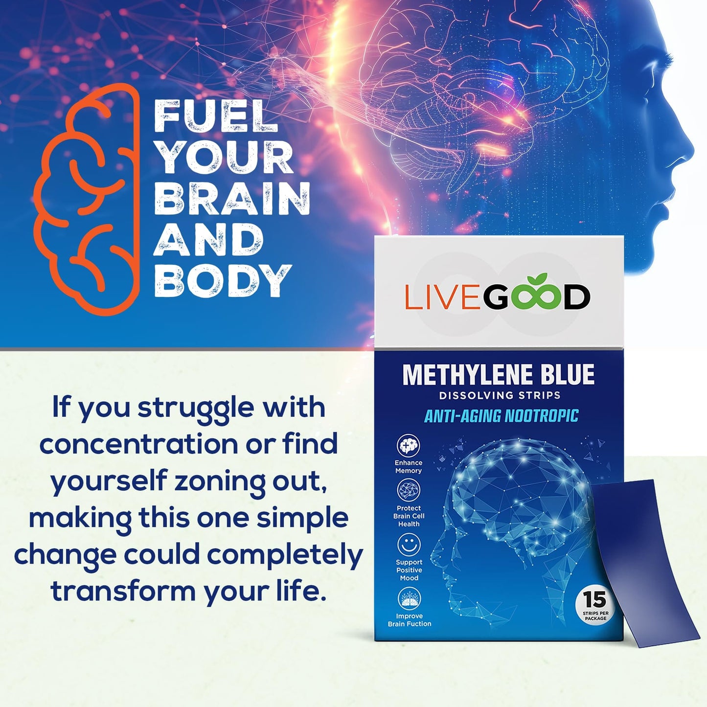 LIVEGOOD Methylene Blue – 15 Sublingual Strips, 20mg Each | Brain Support & Focus