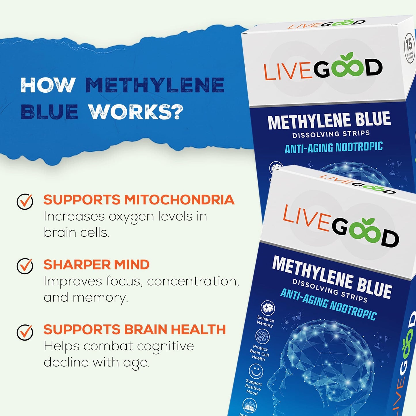 LIVEGOOD Methylene Blue – 15 Sublingual Strips, 20mg Each | Brain Support & Focus