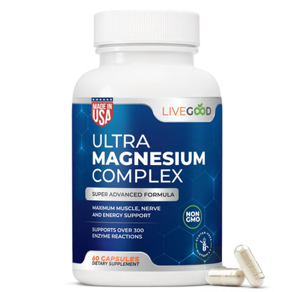 LiveGood Ultra Magnesium Complex – Organic Glycinate & Gluconate | Muscle Recovery & Nerve Support | 60 Capsules