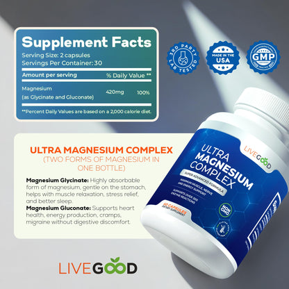 LiveGood Ultra Magnesium Complex – Organic Glycinate & Gluconate | Muscle Recovery & Nerve Support | 60 Capsules