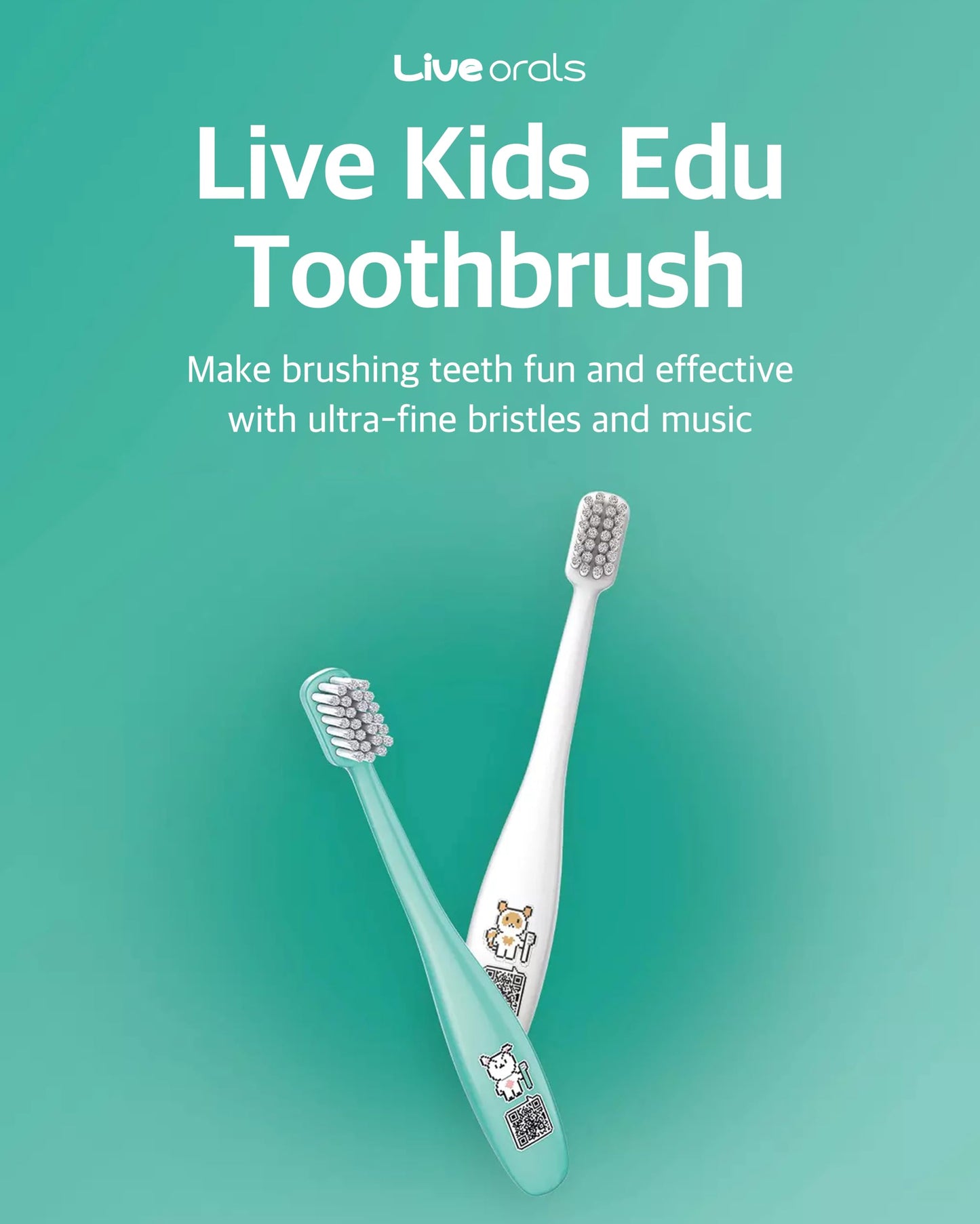LiveOrals Kids Edu Toothbrush White - QR Song, Dual Microfine Bristles