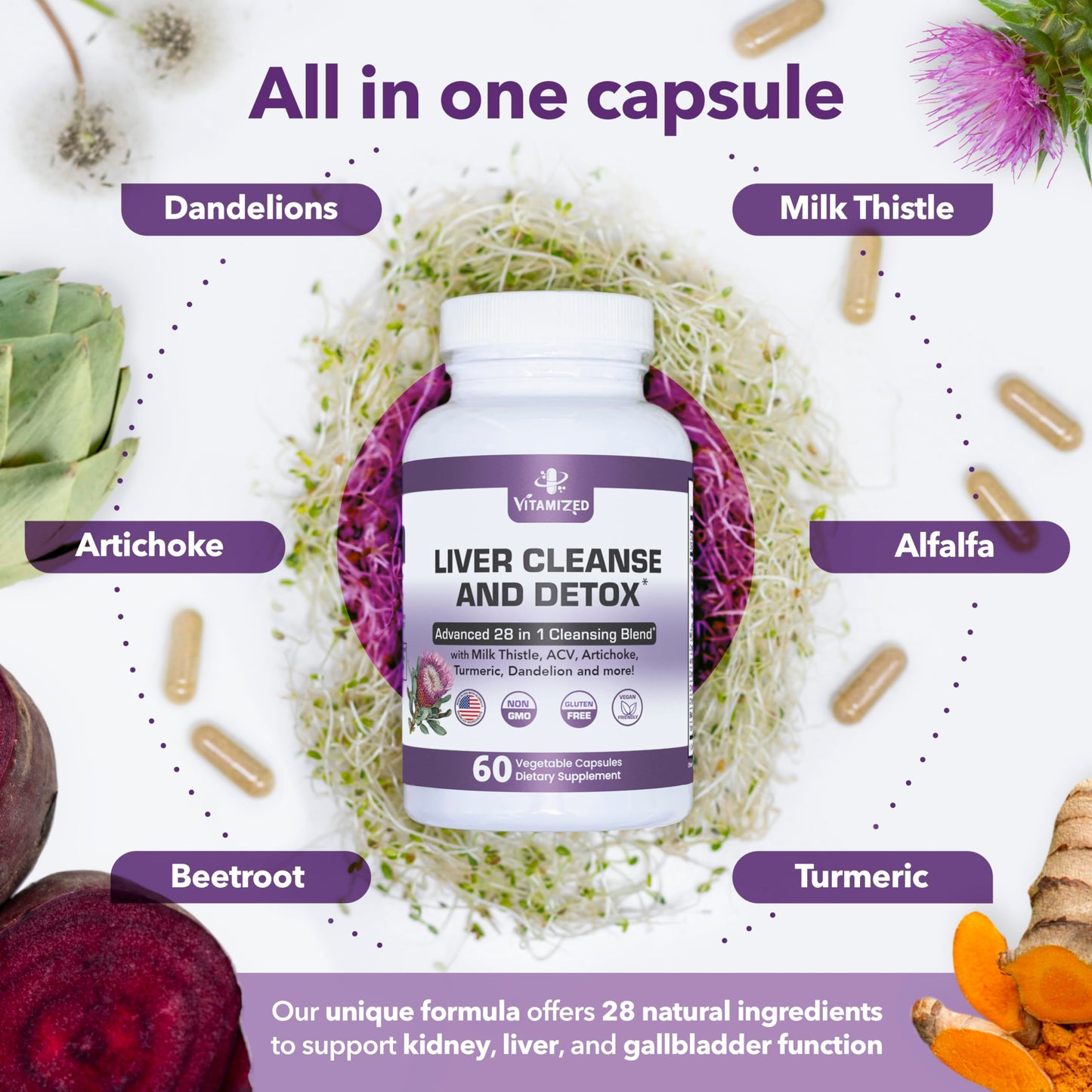 Liver Cleanse Detox & Repair – 28-in-1 Fatty Liver Supplement (Milk Thistle, Artichoke, Dandelion) | 60 Pills