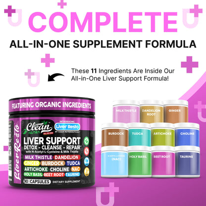 Clean Nutraceuticals Liver Cleanse Detox & Repair | Milk Thistle Supplement + NAC, TUDCA, Dandelion Root, Artichoke, Choline, Ginger, Beet Root, Burdock, Taurine, Liver Support 90 Capsules
