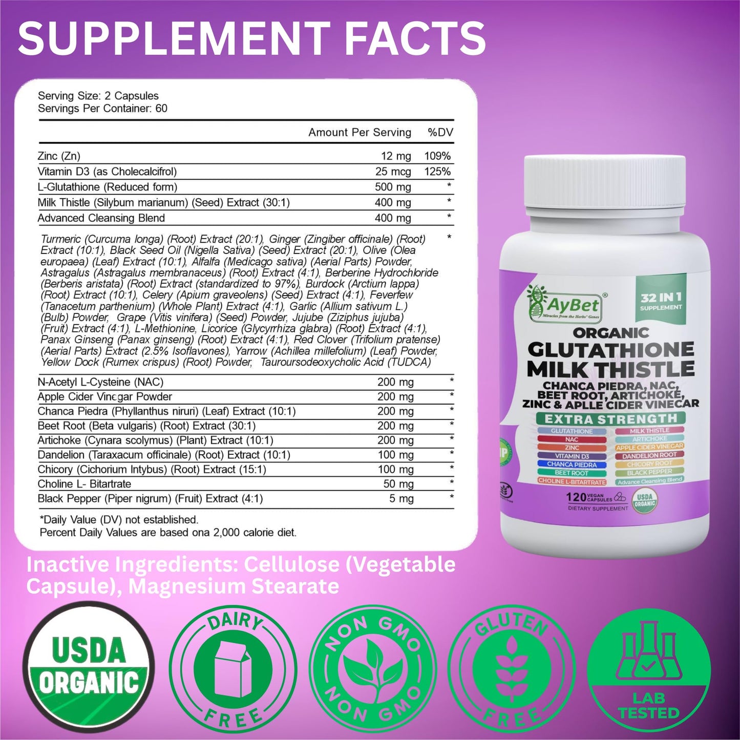 Glutathione NAC Milk Thistle Supplement | Liver Health Support | 32-in-1 Herbal Antioxidant Formula | Halal Vegan Organic Daily Wellness