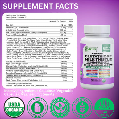 Glutathione NAC Milk Thistle Supplement | Liver Health Support | 32-in-1 Herbal Antioxidant Formula | Halal Vegan Organic Daily Wellness