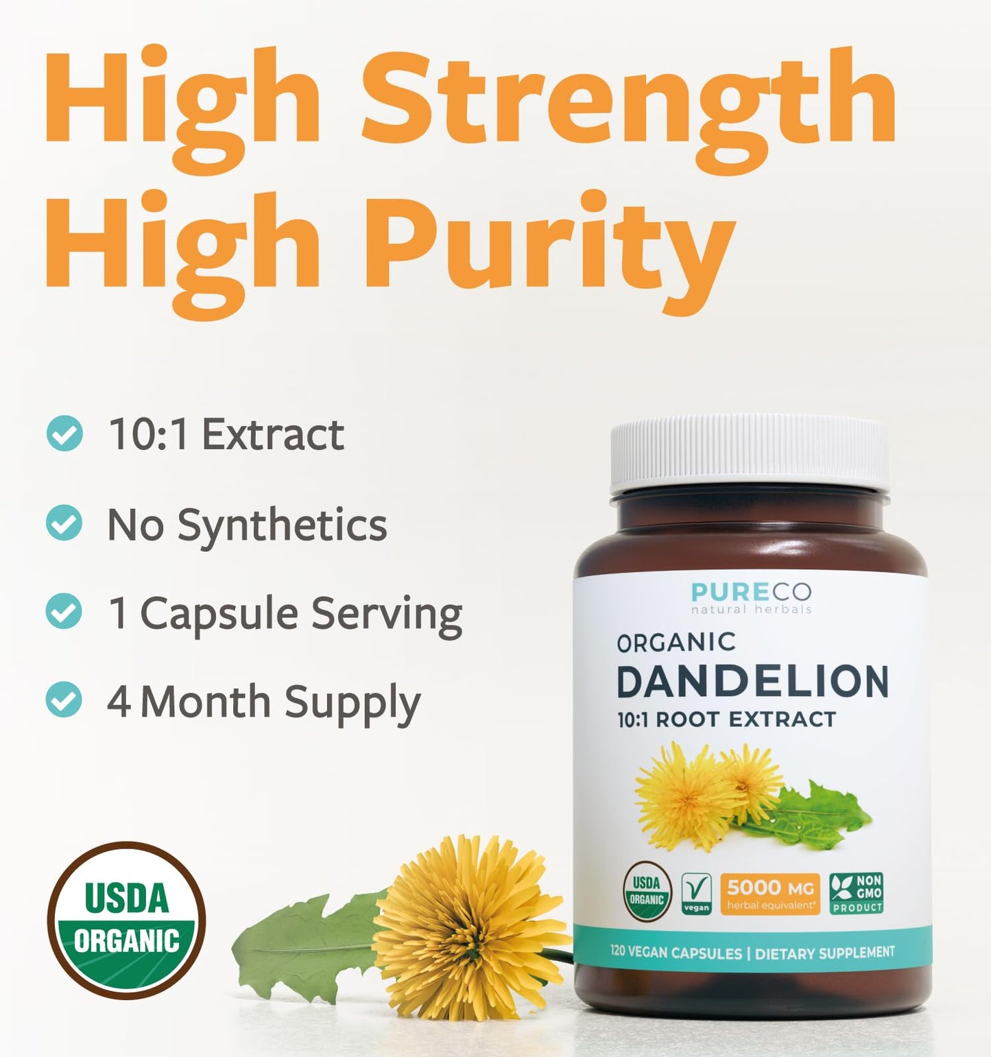 USDA Organic Dandelion Root Extract 10:1 – High Potency Liver Support (4 Month Supply) – Vegan & Non-GMO