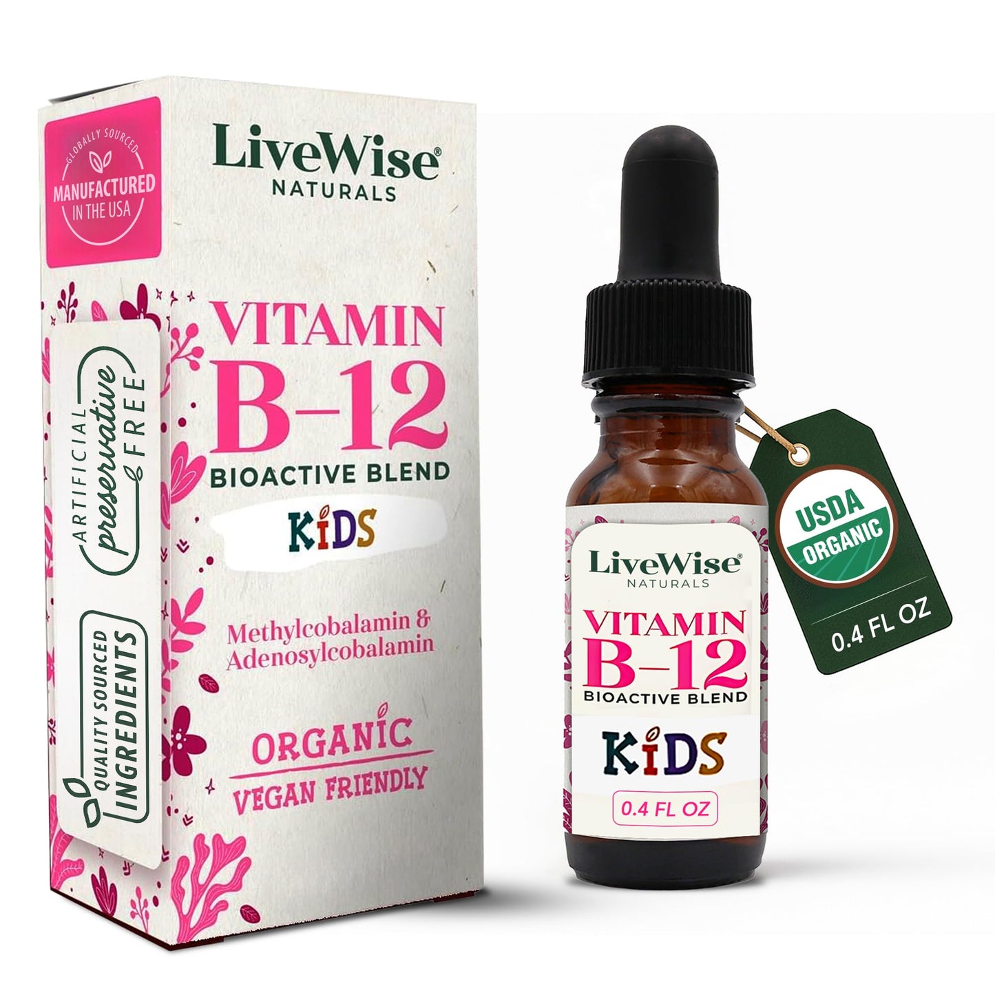 LiveWise Naturals Organic B12 Vitamin Drops – Liquid Methylcobalamin & Adenosylcobalamin for Energy
