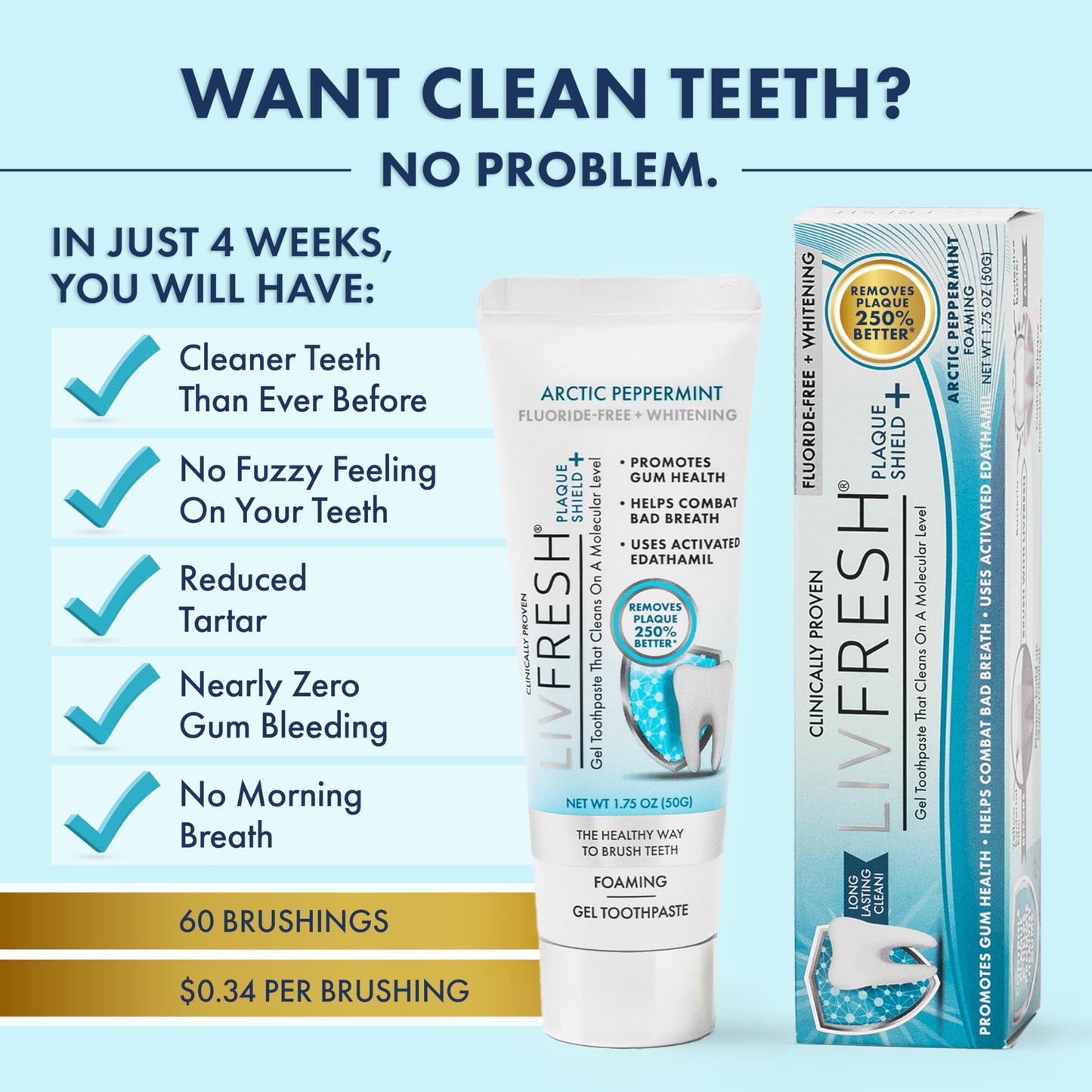 LIVFRESH Toothpaste Gel, Clinically Proven to Remove Plaque 250% Better, Improves Gum Health 190% Better, Reduces Tartar Buildup, Fights Bad Breath, Lasting Cooling Effect, SLS Free, Arctic Peppermint