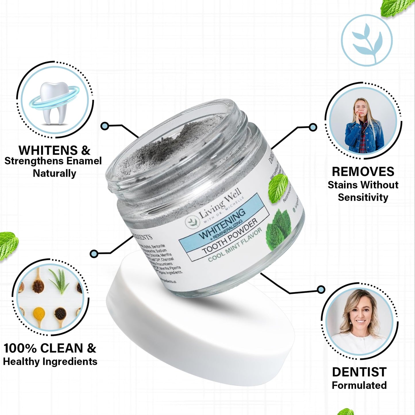 Living Well with Dr. Michelle: Remineralizing & Whitening Tooth Powder – Cool Mint, Fluoride-Free Hydroxyapatite