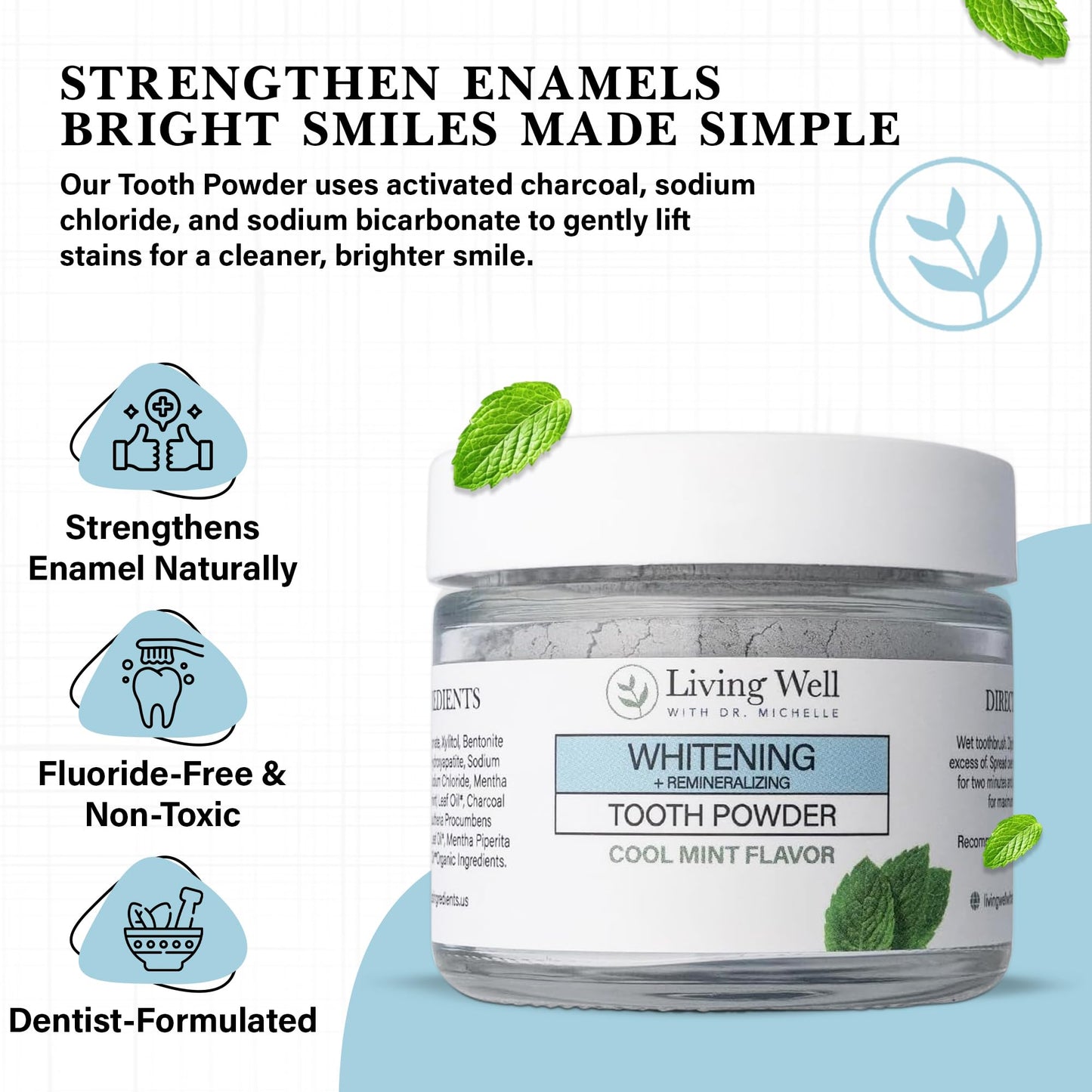 Living Well with Dr. Michelle: Remineralizing & Whitening Tooth Powder – Cool Mint, Fluoride-Free Hydroxyapatite