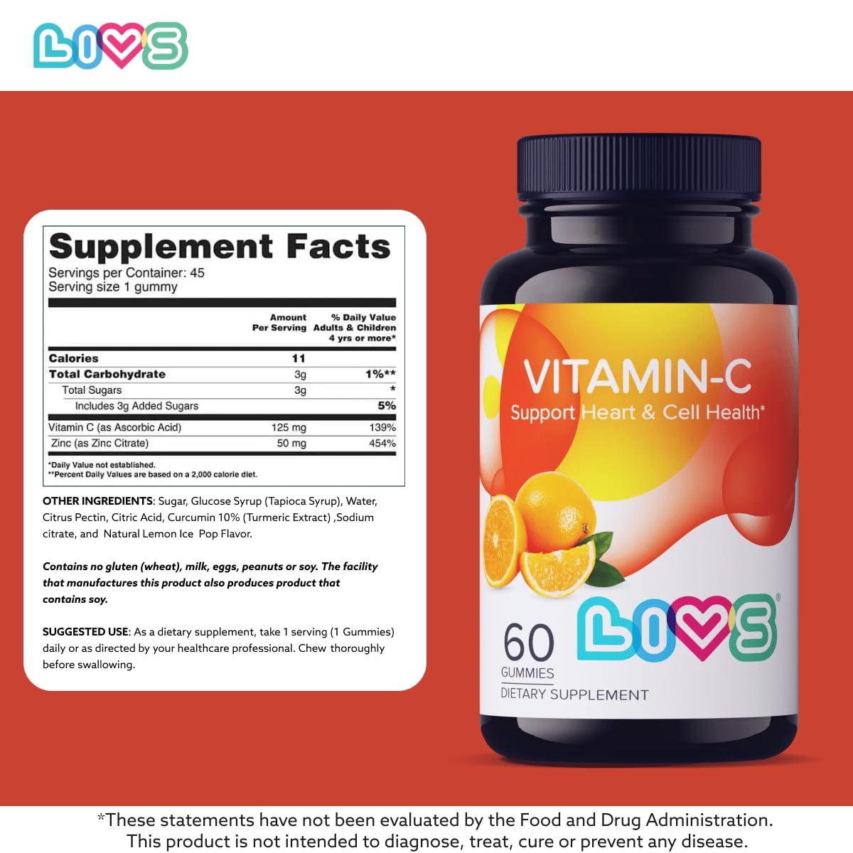 LIVS Vitamin C 250mg Gummies - Immune Support, Vegan & Gluten-Free, 60 ct
